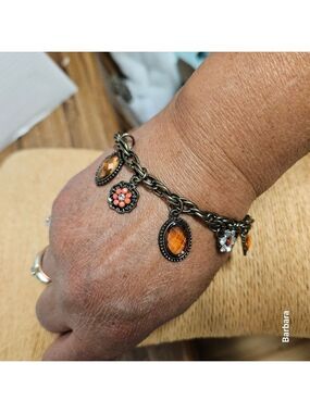 Amber Beads and Floral Rhinestones Toggle Bracelet